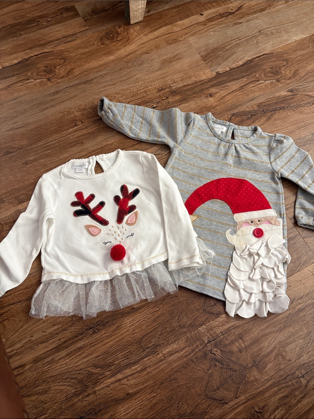 Girls Holiday Reindeer & Santa Long-Sleeve Tops - White & Gray Midpie